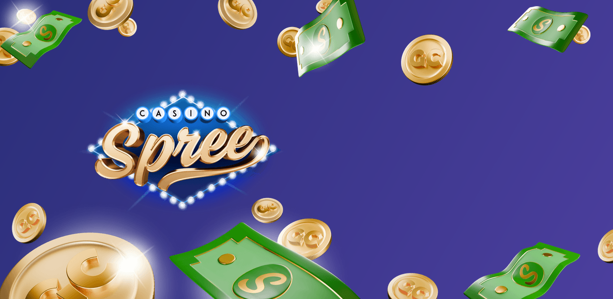 Casino Spree logo with gold coins and cash flying, welcome bonus banner